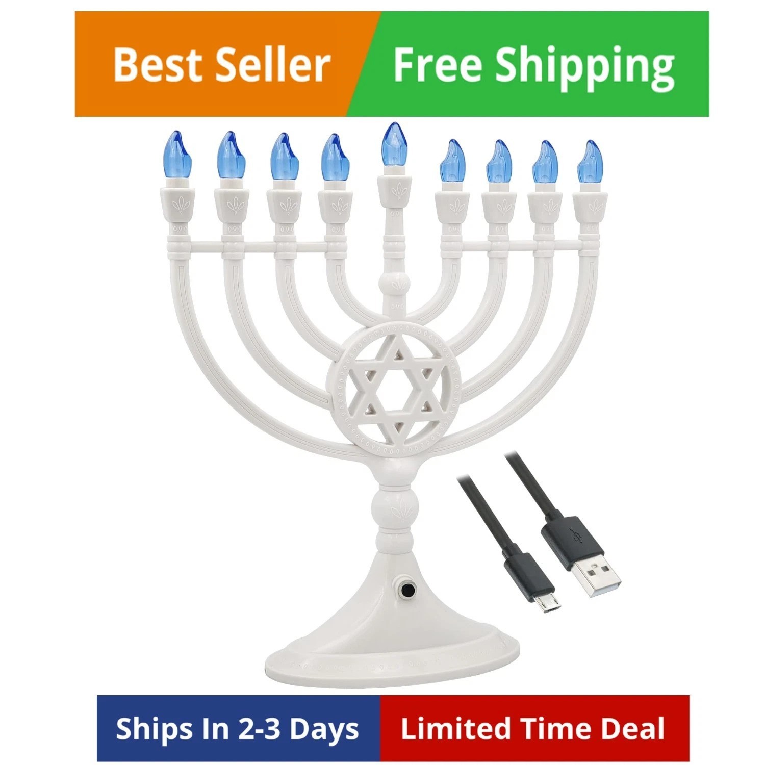 Traditional LED Electric White Hanukkah Menorah – Large Size 13-Inches Tall B…