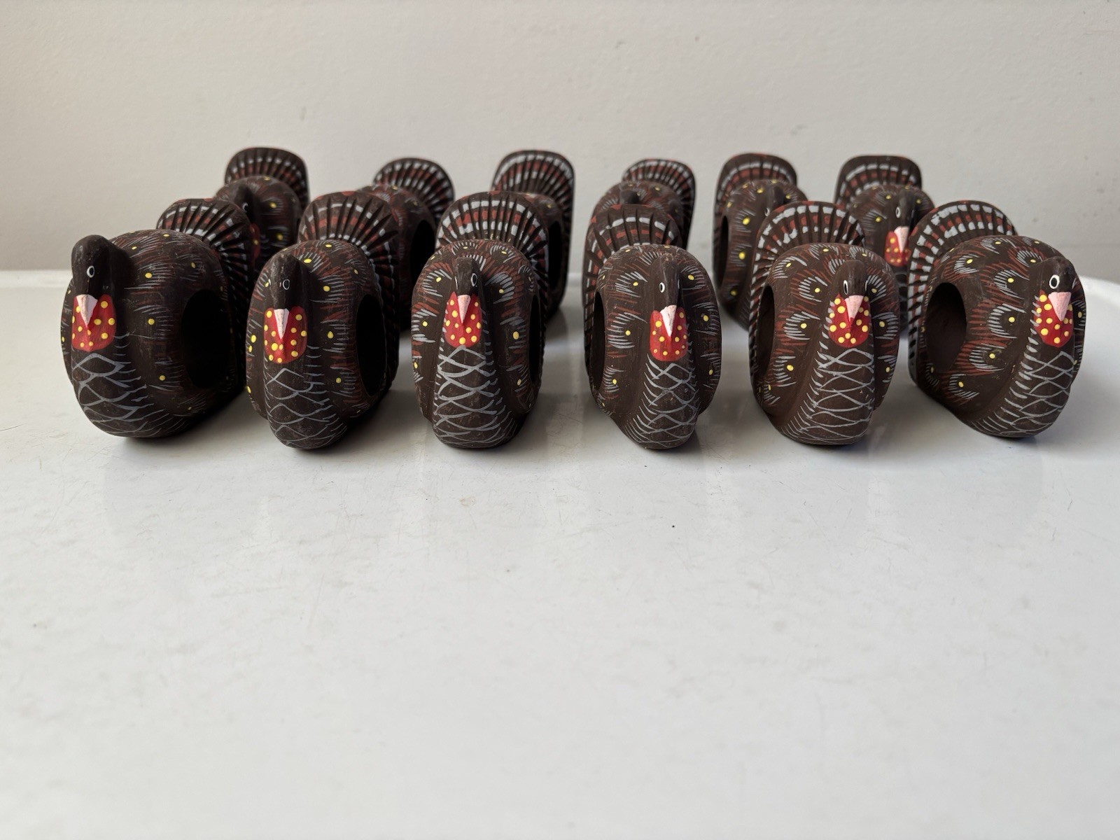 Wood Hand Painted Turkey Dinner Napkin Rings Set 12