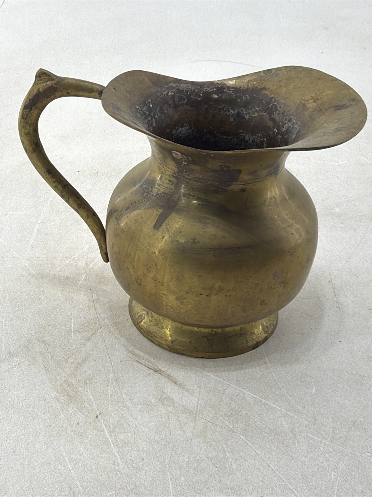 Vintage Solid Brass Water Pitcher Brass Jug With Handle MCM Tarnish Patina