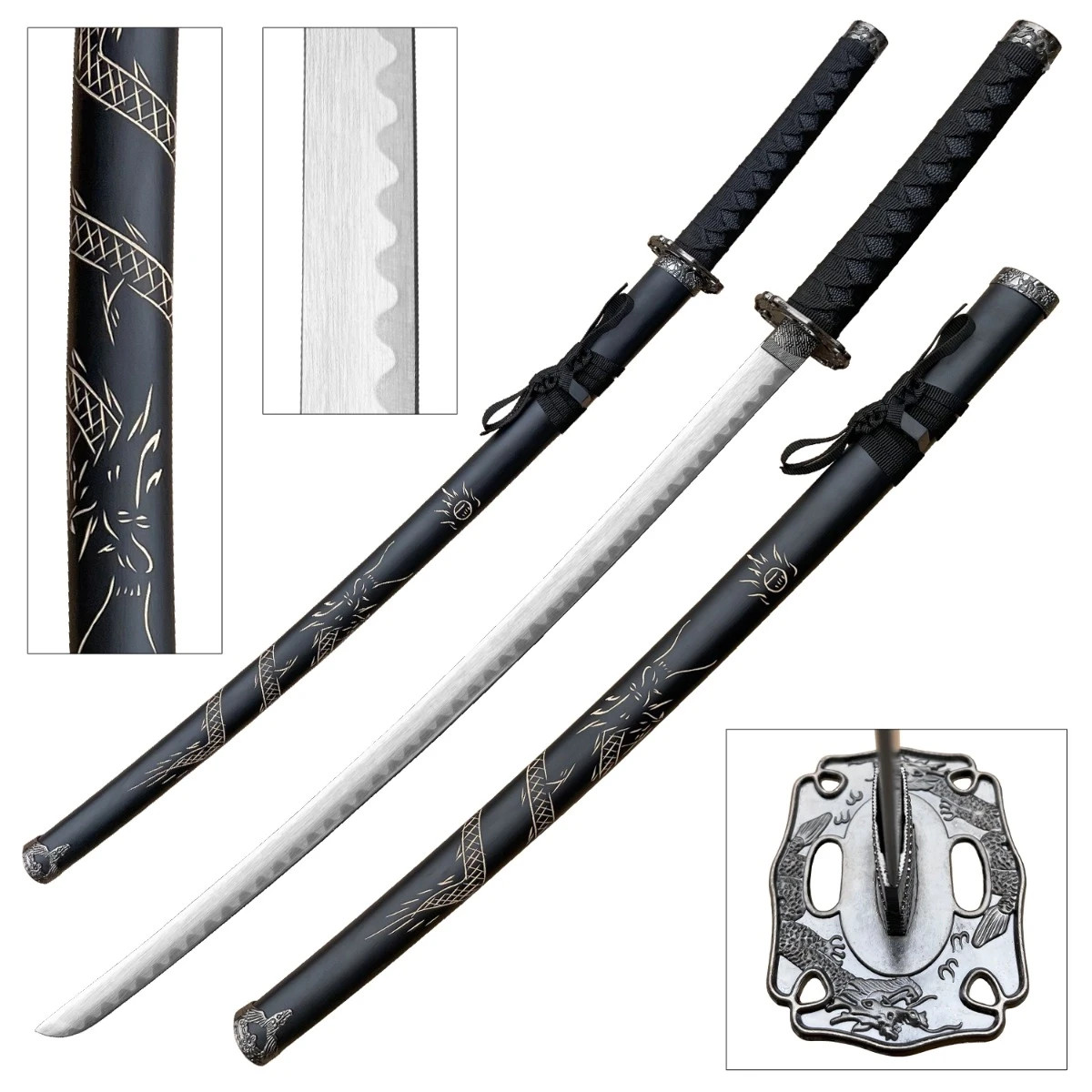 BladesUSA Samurai Sword w/Cord Wrapped Handle & Dragon Carved Lacquer Scabbard