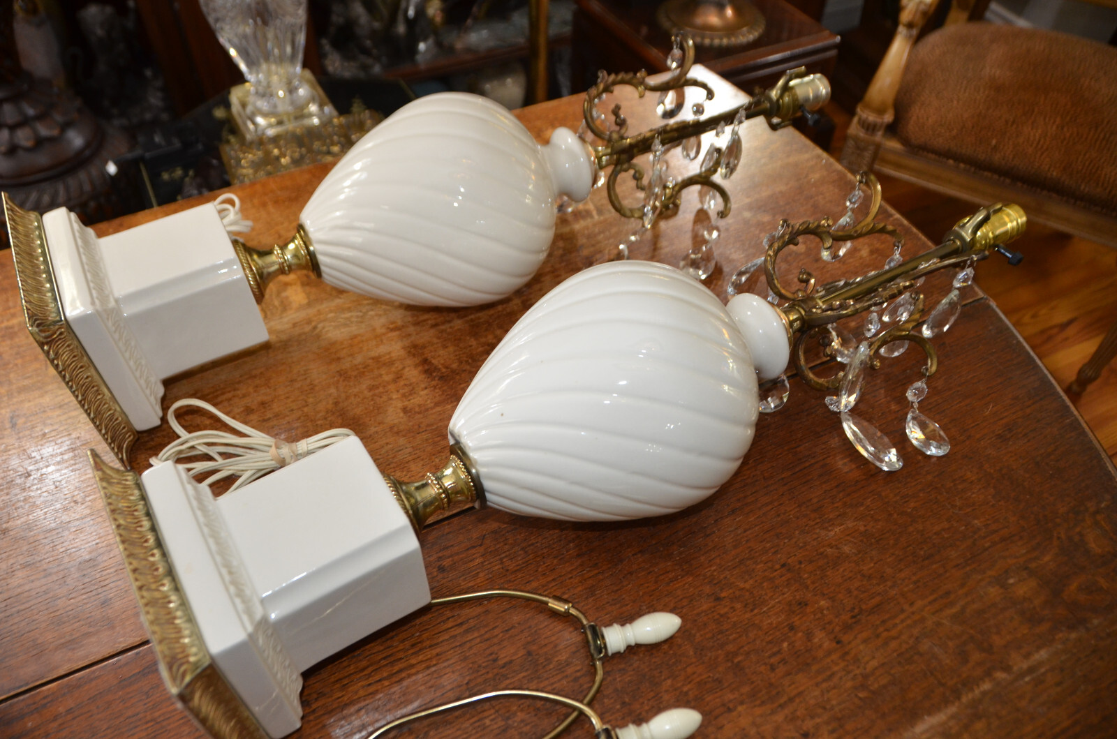 Pair Neo-Classical Porcelain Spelter Chandelier Urn Table Lamps No Shades