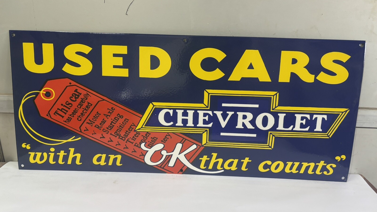 Used Cars Chevrolet Porcelain Enamel Sign 36 x 15 Inches 1 Sided