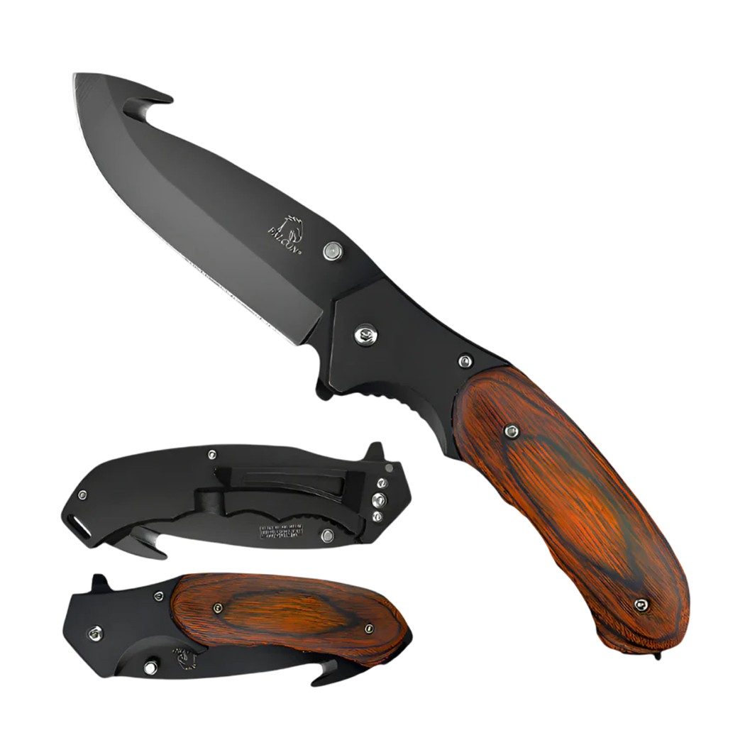 8″” Gut Hook Blade Spring Assisted Folding Knife Wood Handle With Belt Clip