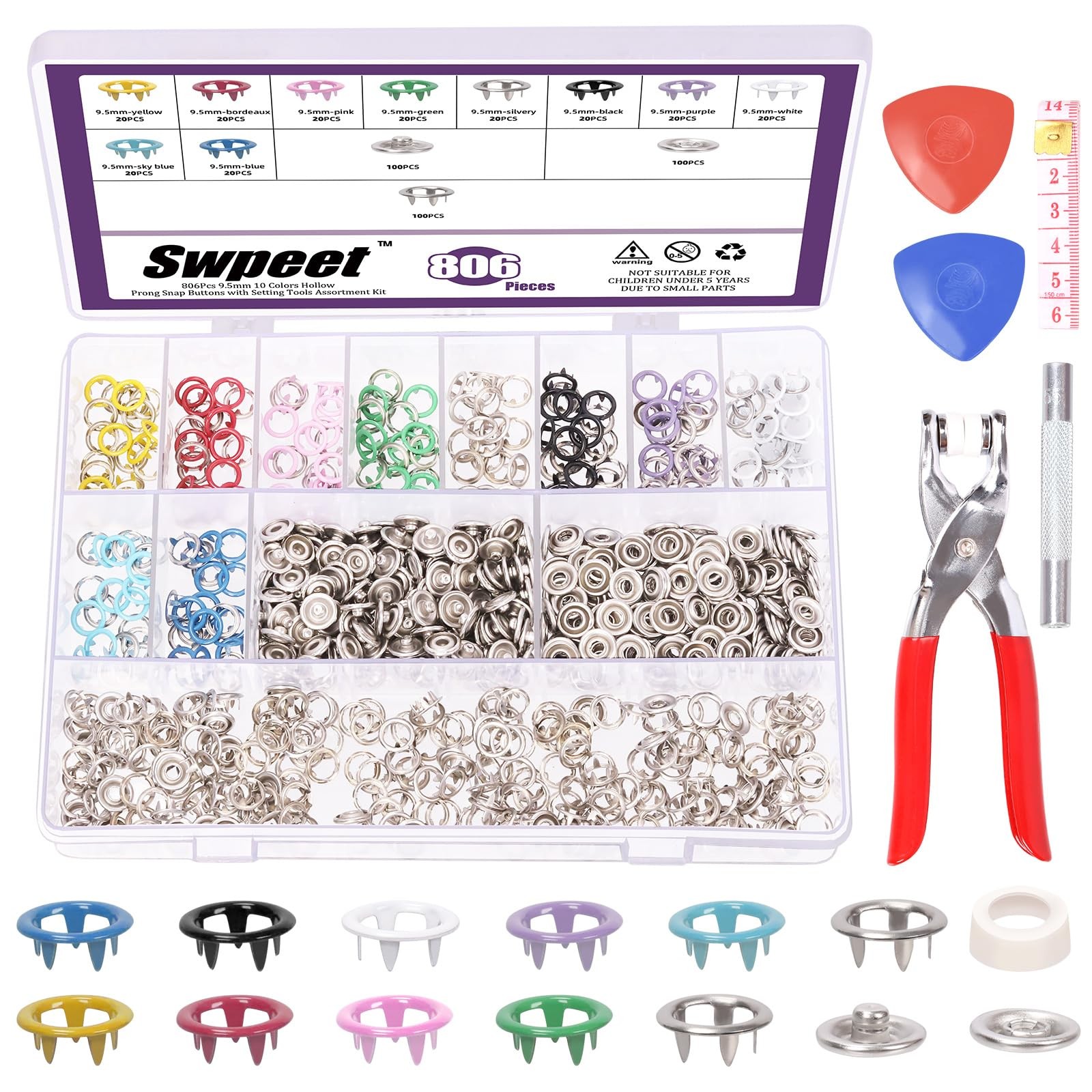 Swpeet 200Sets – 807Pcs 3/8″ 10 Colors Hollow 5 Prong Metal Snaps BLUE