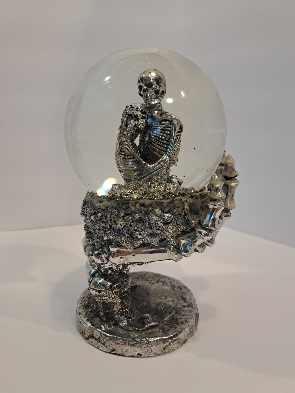 Skeleton Hand 3D Effect Snow Globe Silver Black Glass Resin Halloween Decor