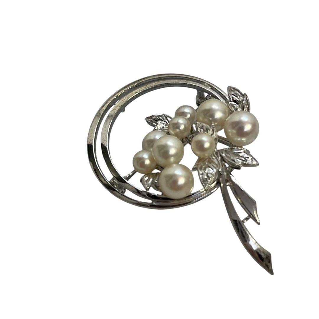 Mikimoto Pearl Brooch Silver 9 Pearls Ribbon Design Used