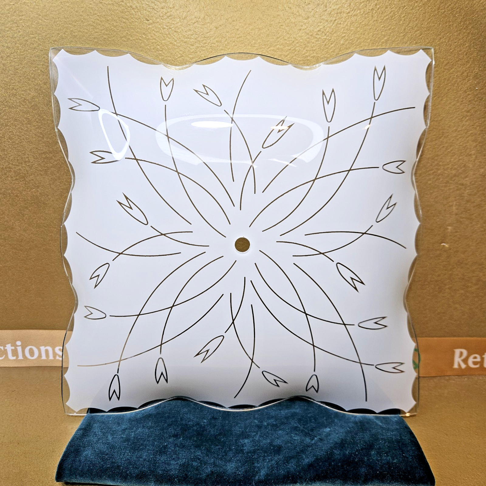 Vintage Ceiling Light Cover Atomic Tulip Flower 11.5″ Square White Ruffle Glass