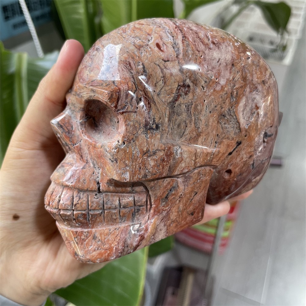3.1LB 4.5″ Natural Flower Agate Skull Crystal Quartz Carving Reiki Decoration