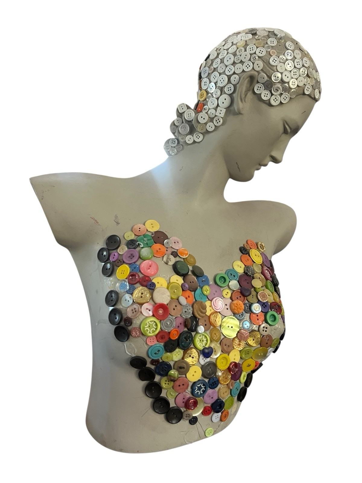 Unfinished Button Mosaic Bust Sculpture-DYI Mixed Media Art Project-Large 21’’