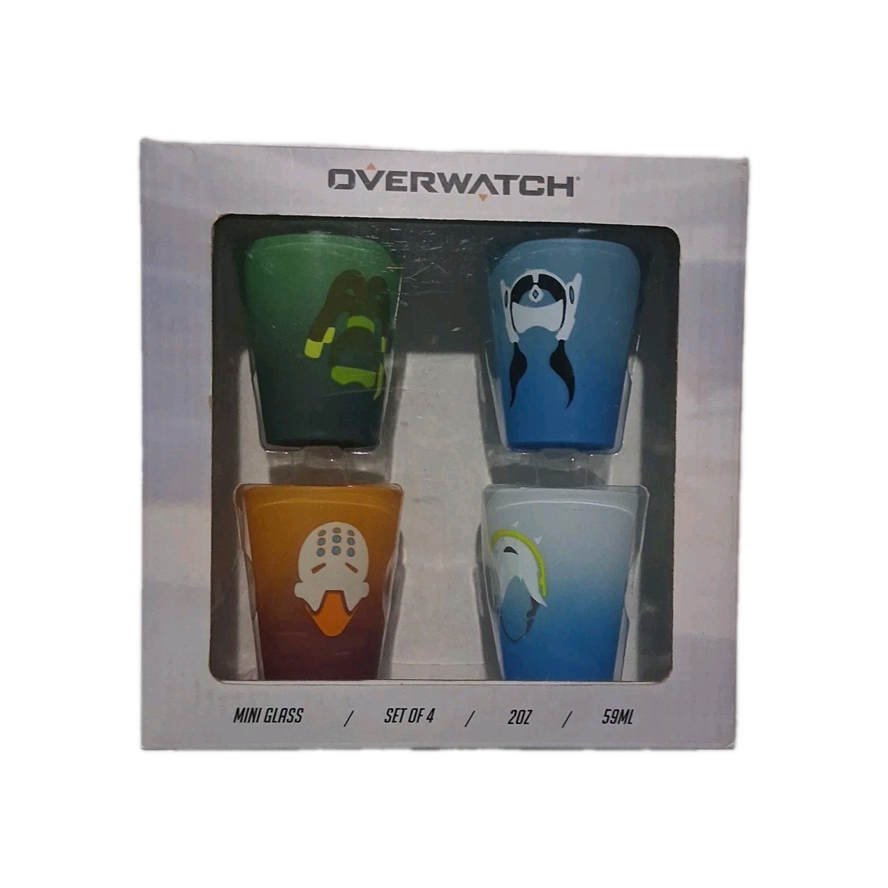 New Overwatch Set Of 4 Mini Glass Shot Glass 2oz 59ml COLORED GLASS New Sealed