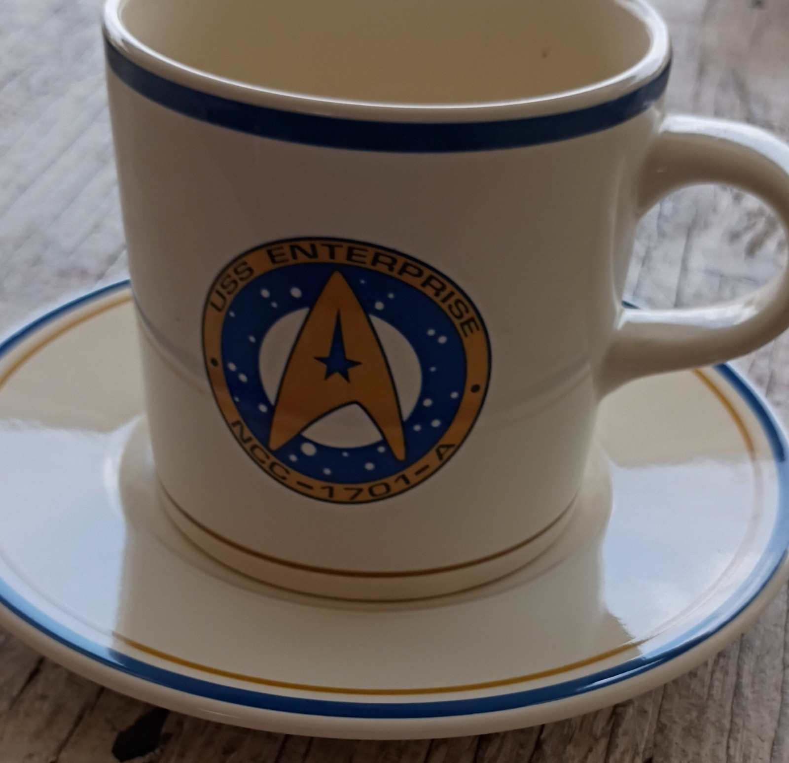 Star Trek USS Enterprise NCC-1701-A Ceramic Mug & Saucer Set White Blue Gold