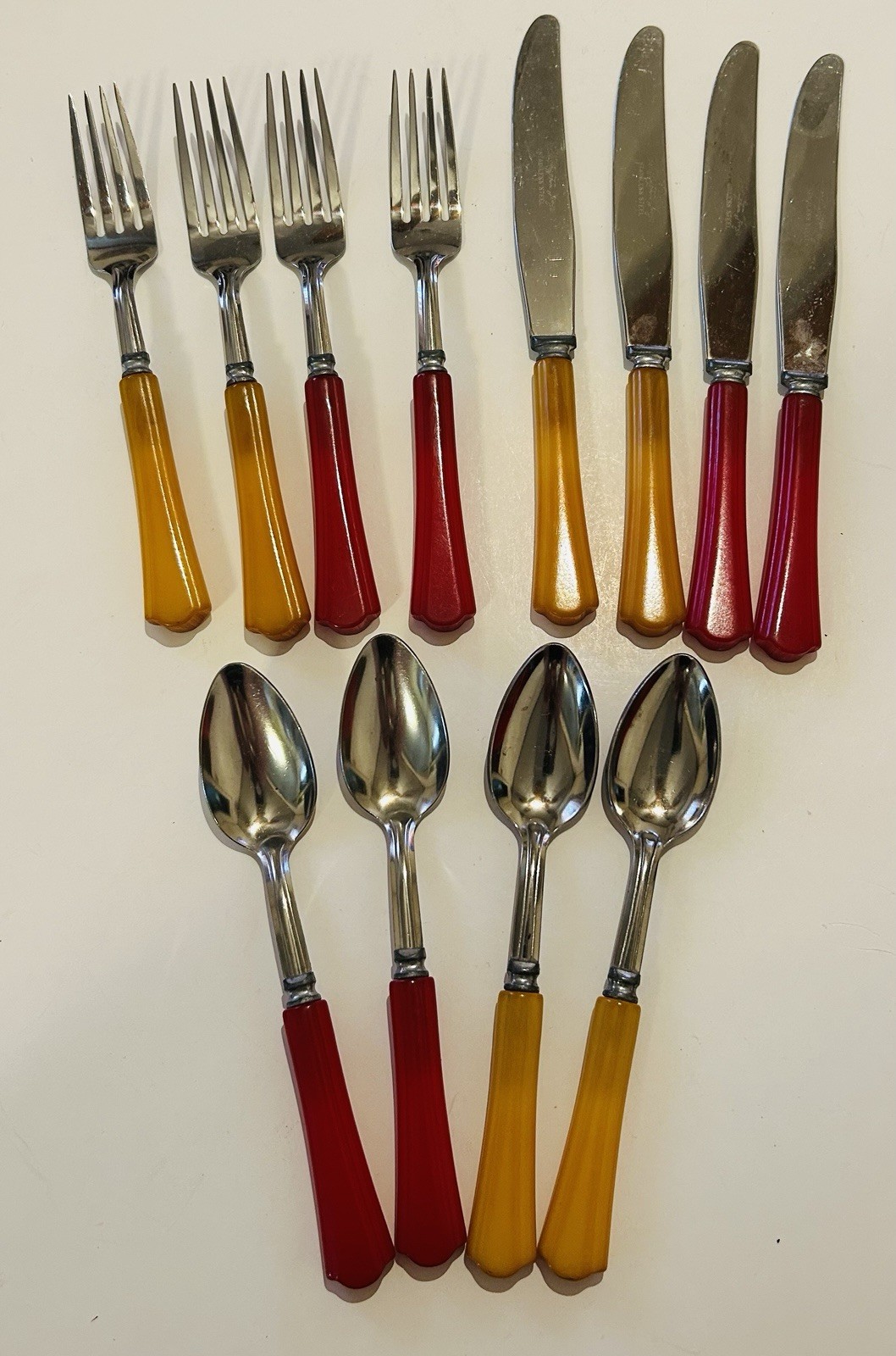 12 Piece Vtg Bakelite Butterscotch & Red Handled Silverware Stainless EUC #VB