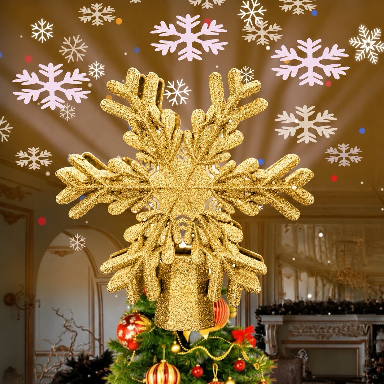 Christmas Tree Topper Star Projector Gold Snowflake 3D Rotating Glitter LED