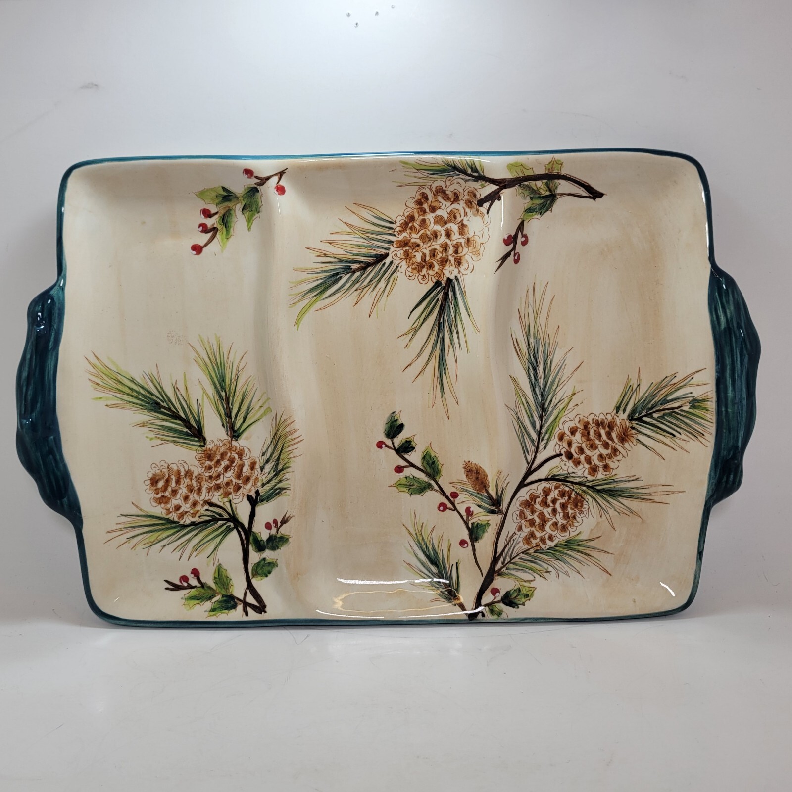 Ceramic Divided Tray Pinecones 3 Sections Teal and Brown 10″ x 14″ Cabin Lodge