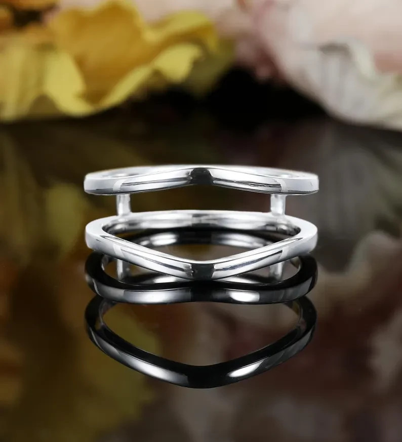 14K White Gold Over Plain Enhancer Guard WeddingBand Double Curved Stacking Ring