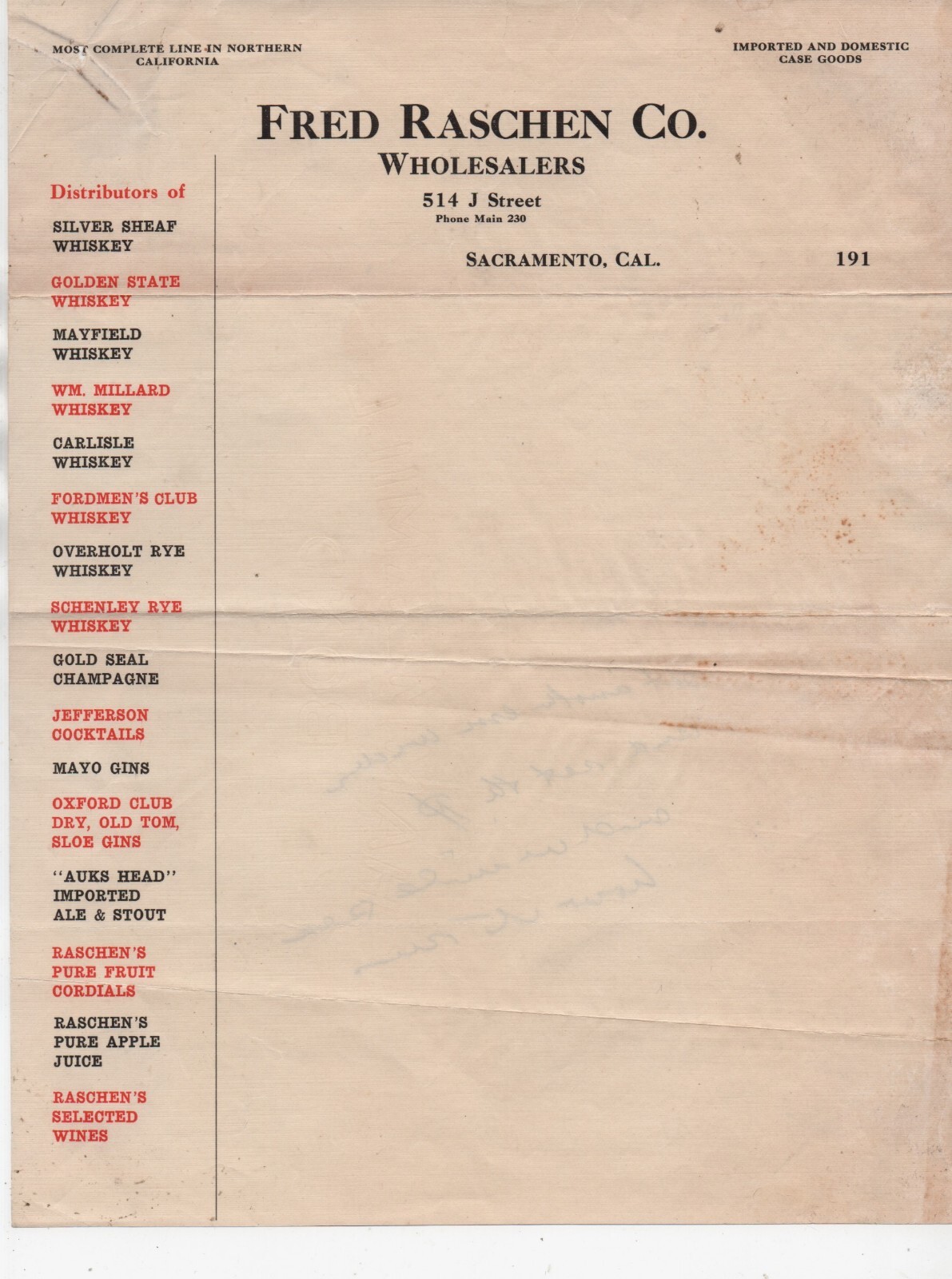 1910 Advertising Letterhead for Fred Raschen Liquor wholesaler Sacramento CA