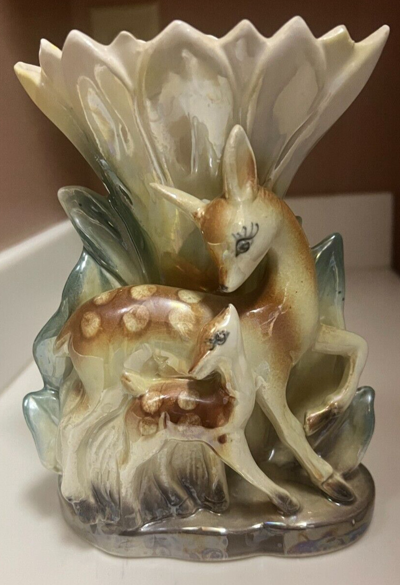 Vintage Sonsco Doe and Fawn Vase Lusterware Japan 1950s 7”