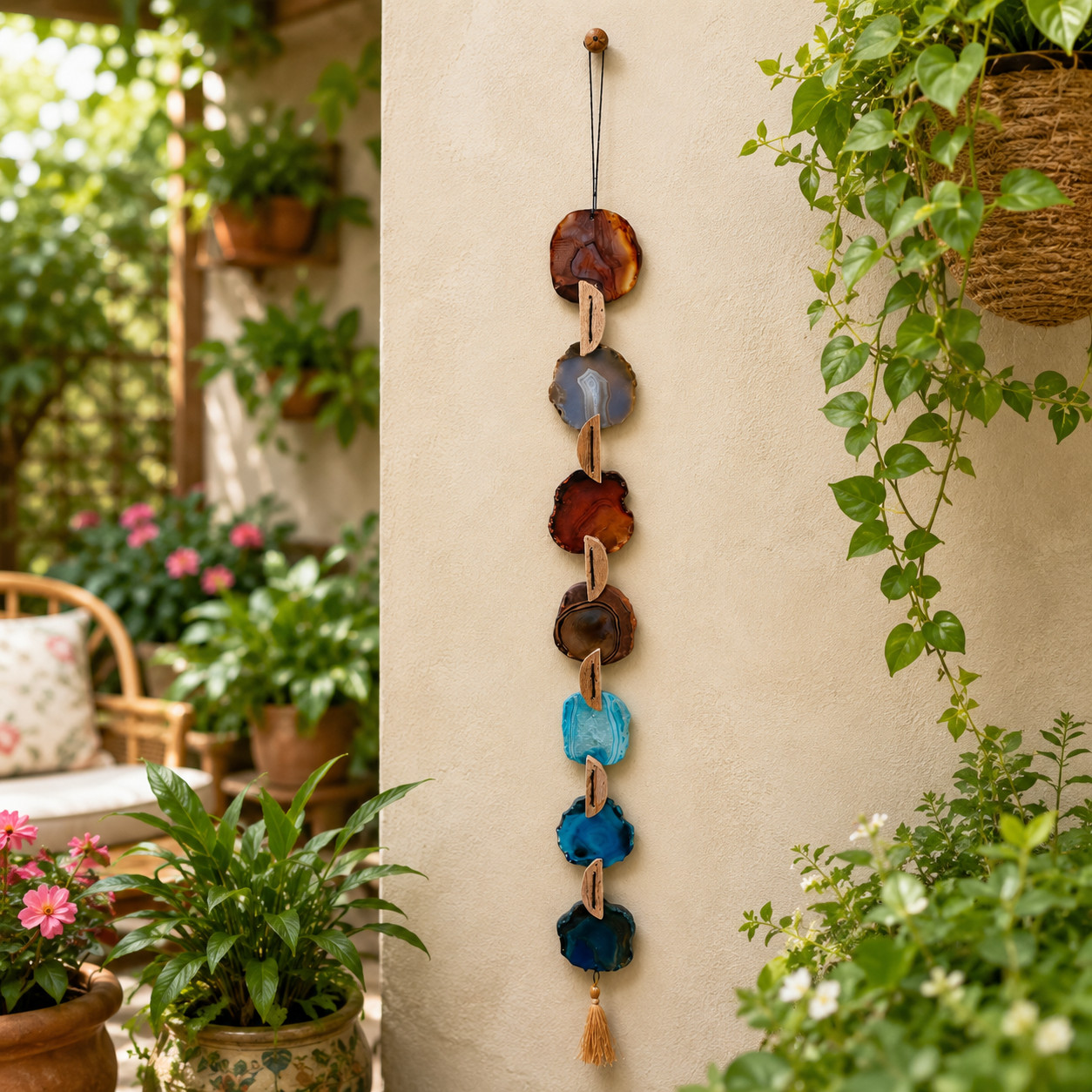 Natural Agate Slice Wall Hanging 7 Slice Crystal Wind Chime Home Decor 24 Inch