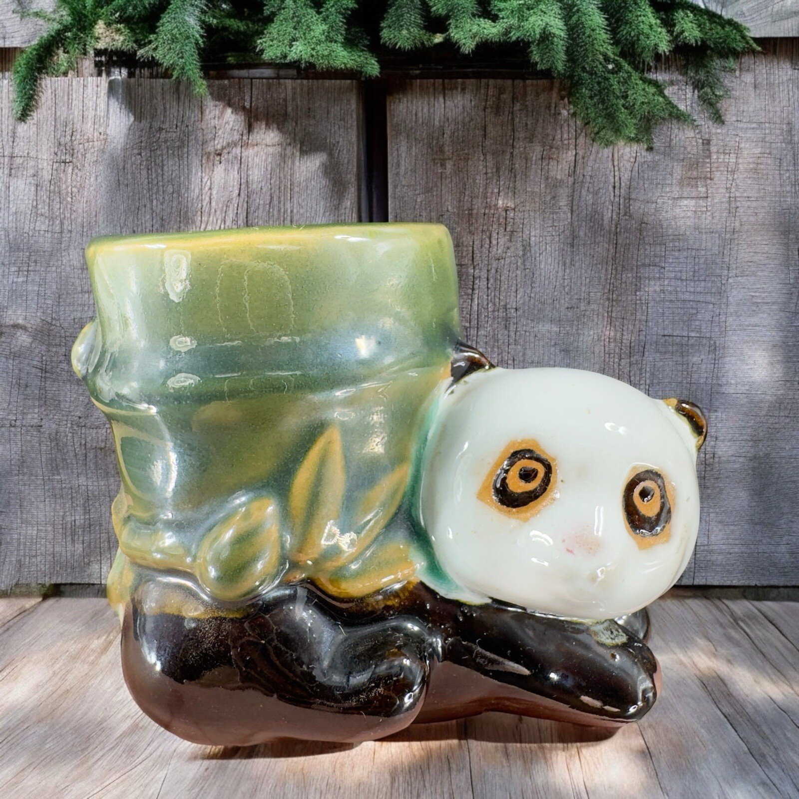 Vintage Majolica Style Ceramic Panda Bear With Bamboo Planter Small Vase Pottery