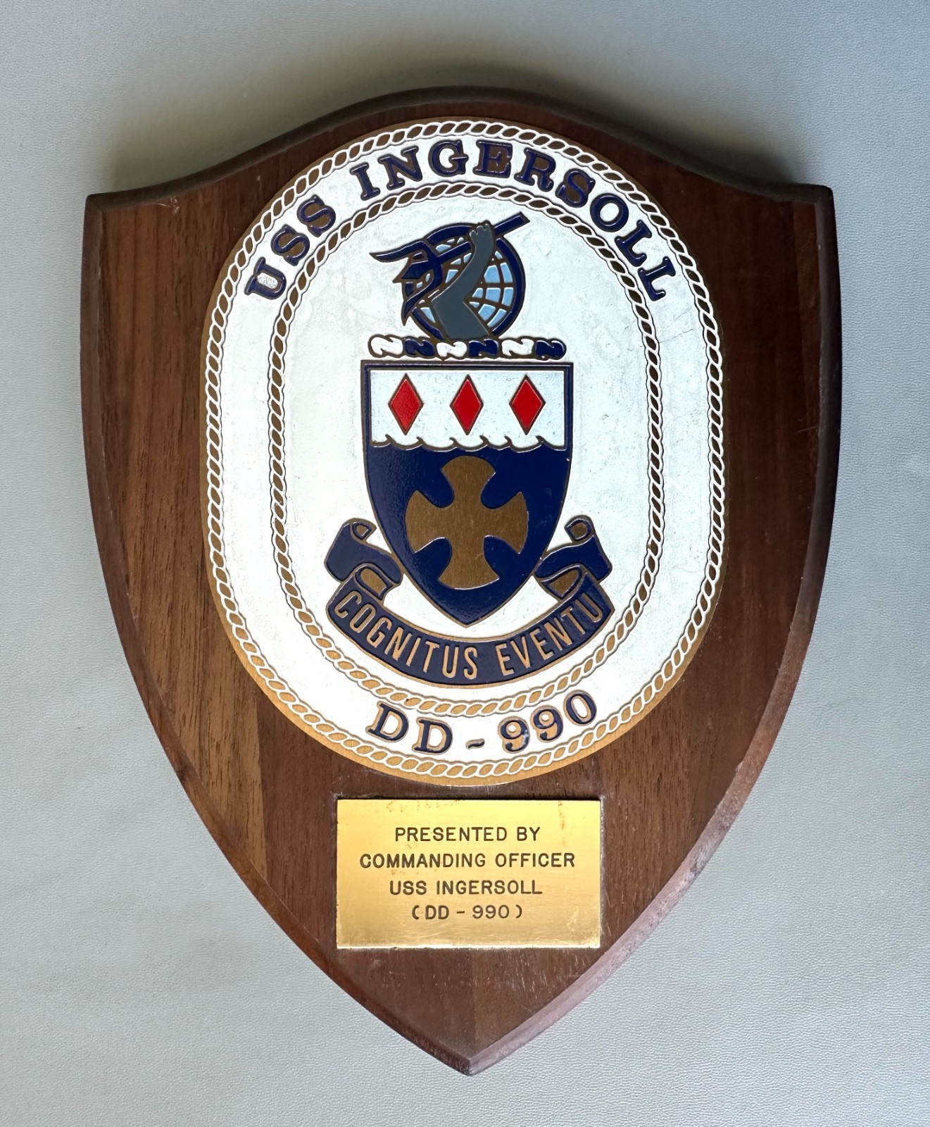 USS Ingersoll DD – 990 Enamel and Walnut Commanding Officer Plaque